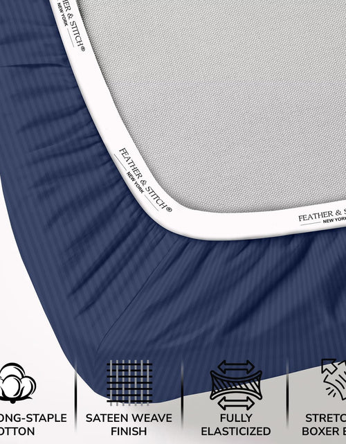 Load image into Gallery viewer, Feather &amp; Stitch 500 Thread Count California King Size Cotton Sheets Dark Blue 4 Piece Damask Stripe Sheet Set 18 Inch Deep Pocket Sateen Weave Striped Sheets with 2 Pillowcases Luxury Bedding
