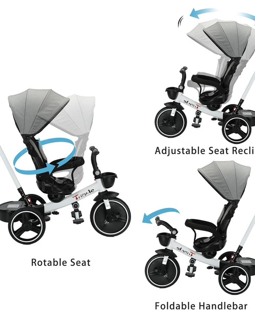 Load image into Gallery viewer, Baby Tricycle,6-In-1 Baby Push Bike Steer Stroller,Learning Toddler Bike/Detachable Guardrail,Adjustable Canopy,Safety Harness,Folding Pedal,Storage Basket,Brake,Shock Absorption

