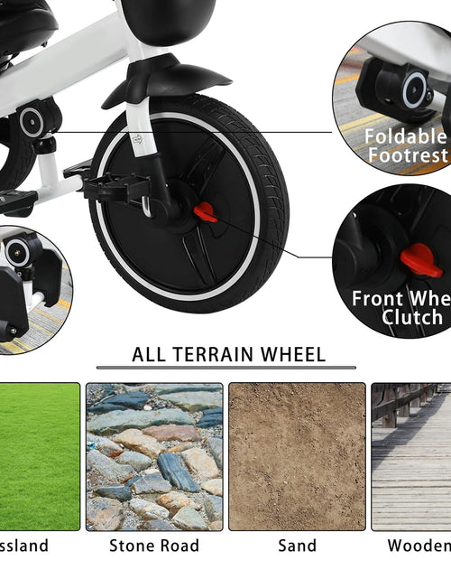 Load image into Gallery viewer, Baby Tricycle,6-In-1 Baby Push Bike Steer Stroller,Learning Toddler Bike/Detachable Guardrail,Adjustable Canopy,Safety Harness,Folding Pedal,Storage Basket,Brake,Shock Absorption
