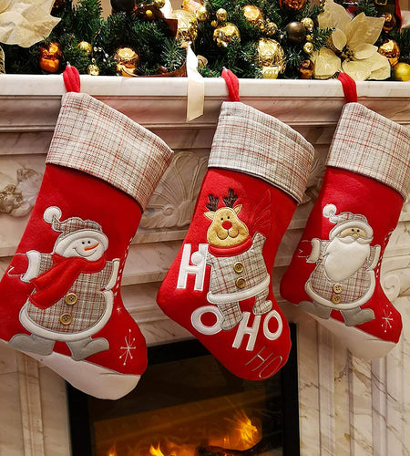 Lovely Christmas Stockings Set of 3 Santa, Snowman, Reindeer, Xmas Character 3D Plush Linen Hanging Tag Knit Border for Family Kids