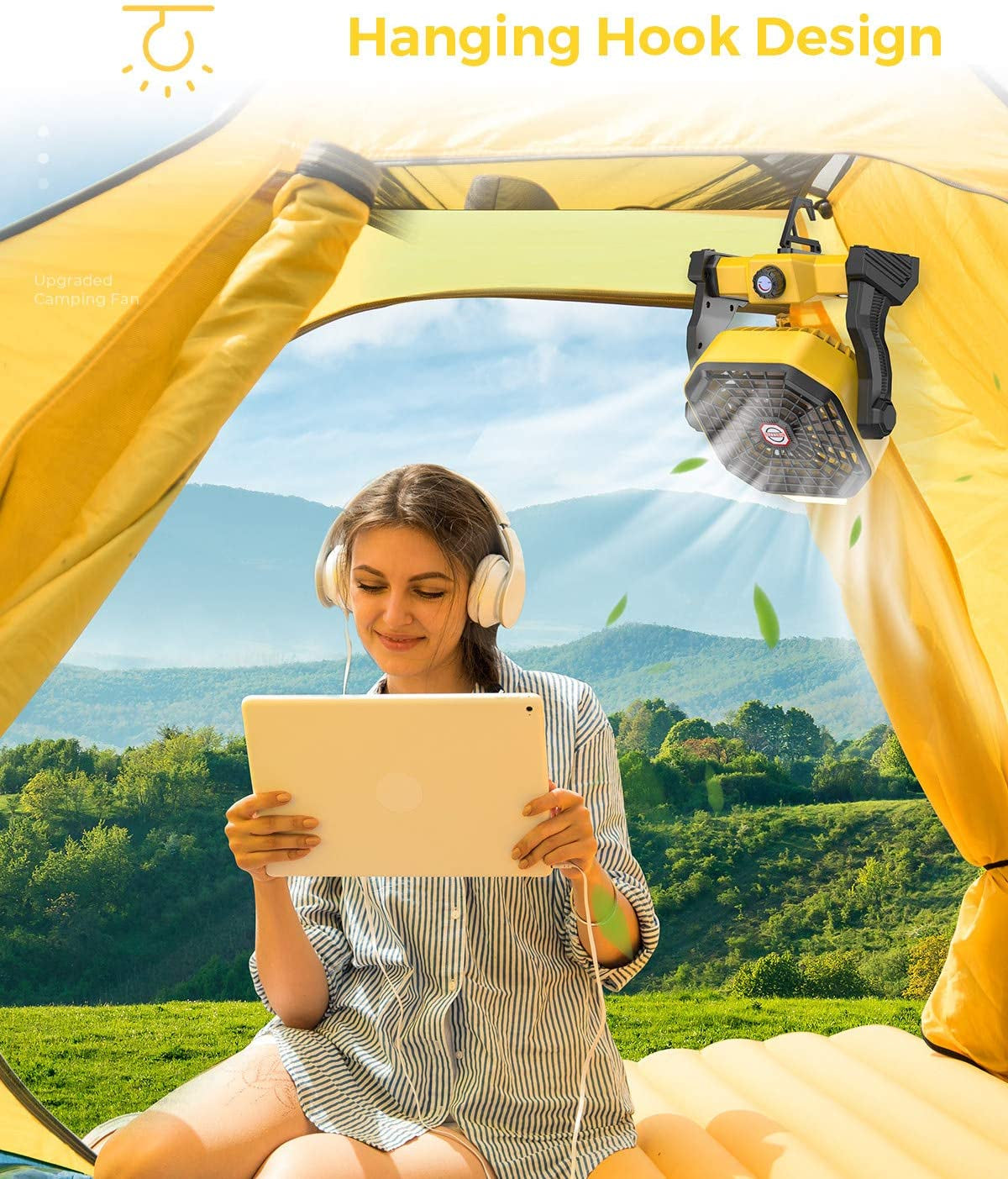 Camping Fan with LED Lantern, 10400Mah 9-Inch Rechargeable Outdoor Tent Fan, 270°Head Rotation, Stepless Speed and Quiet Battery Operated USB Fan for Picnic, Barbecue, Fishing, Travel