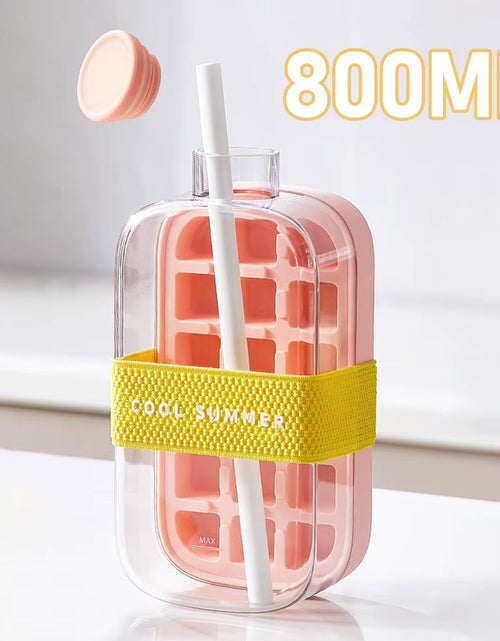 Load image into Gallery viewer, Fashion Water Bottle with Silicone Ice Cube Tray with Straw Zero-Contact Pressure Ice Cube Mold 500/800Ml Kettle Beverage Cup
