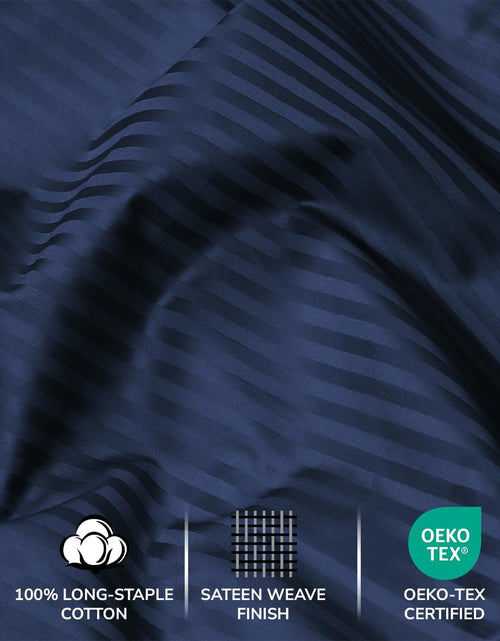 Load image into Gallery viewer, Feather &amp; Stitch 500 Thread Count California King Size Cotton Sheets Dark Blue 4 Piece Damask Stripe Sheet Set 18 Inch Deep Pocket Sateen Weave Striped Sheets with 2 Pillowcases Luxury Bedding
