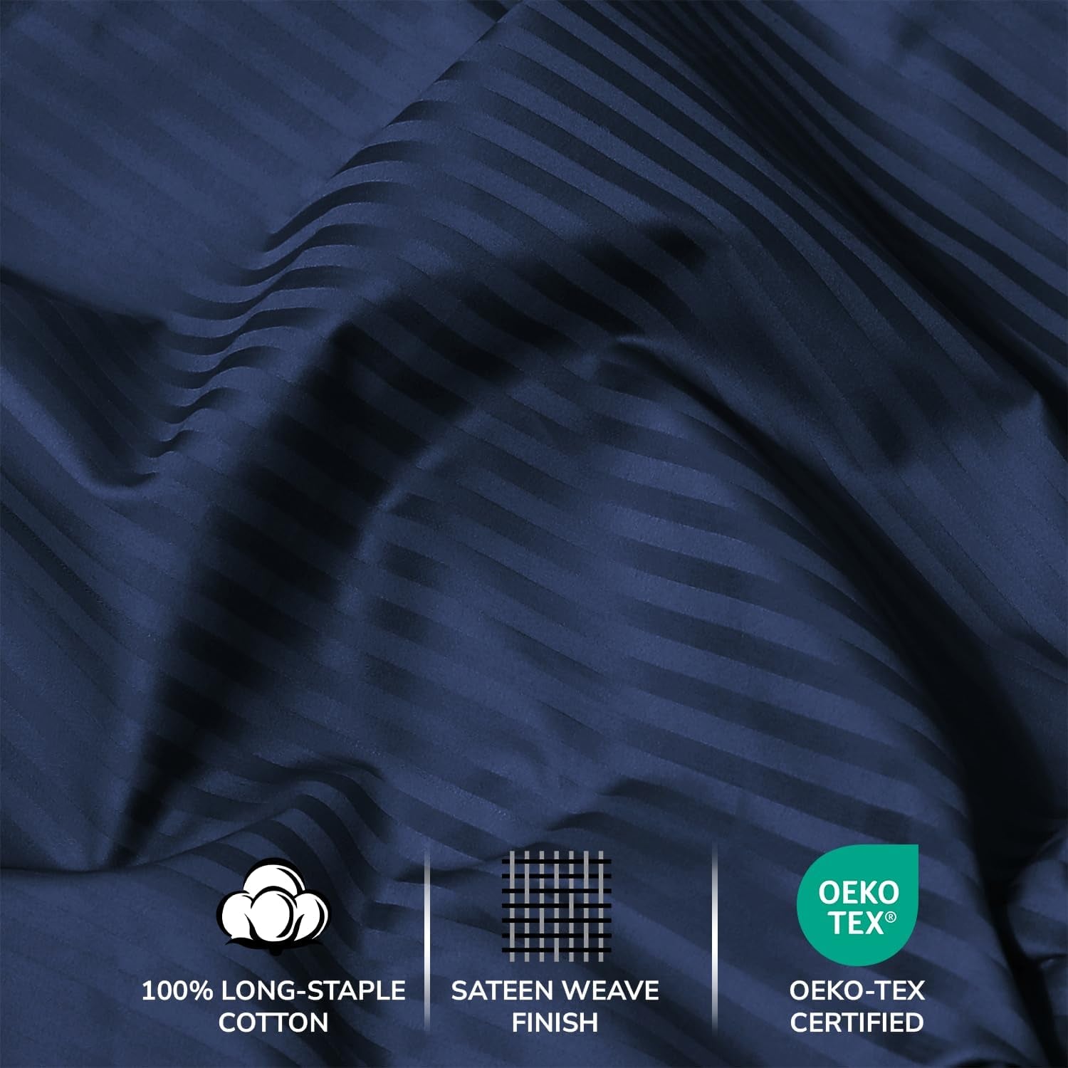 Feather & Stitch 500 Thread Count California King Size Cotton Sheets Dark Blue 4 Piece Damask Stripe Sheet Set 18 Inch Deep Pocket Sateen Weave Striped Sheets with 2 Pillowcases Luxury Bedding
