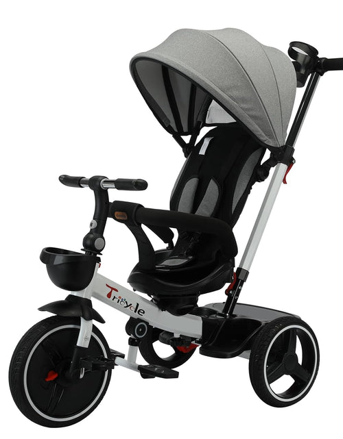 Load image into Gallery viewer, Baby Tricycle,6-In-1 Baby Push Bike Steer Stroller,Learning Toddler Bike/Detachable Guardrail,Adjustable Canopy,Safety Harness,Folding Pedal,Storage Basket,Brake,Shock Absorption
