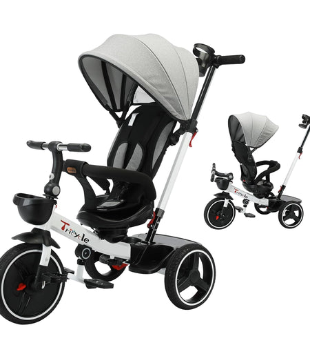 Baby Tricycle,6-In-1 Baby Push Bike Steer Stroller,Learning Toddler Bike/Detachable Guardrail,Adjustable Canopy,Safety Harness,Folding Pedal,Storage Basket,Brake,Shock Absorption