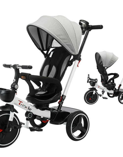 Load image into Gallery viewer, Baby Tricycle,6-In-1 Baby Push Bike Steer Stroller,Learning Toddler Bike/Detachable Guardrail,Adjustable Canopy,Safety Harness,Folding Pedal,Storage Basket,Brake,Shock Absorption
