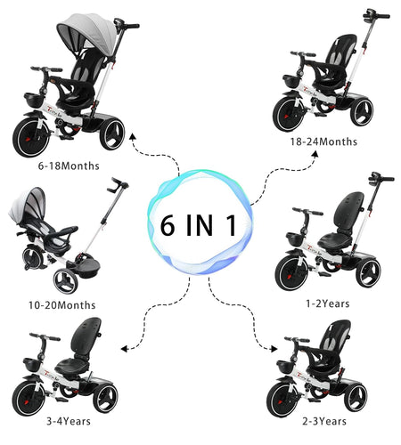 Baby Tricycle,6-In-1 Baby Push Bike Steer Stroller,Learning Toddler Bike/Detachable Guardrail,Adjustable Canopy,Safety Harness,Folding Pedal,Storage Basket,Brake,Shock Absorption