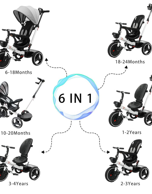 Load image into Gallery viewer, Baby Tricycle,6-In-1 Baby Push Bike Steer Stroller,Learning Toddler Bike/Detachable Guardrail,Adjustable Canopy,Safety Harness,Folding Pedal,Storage Basket,Brake,Shock Absorption
