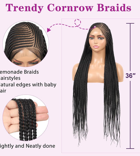 13X8 HD Lace Front Cornrow Braided Wigs Leomonde Box Braid Wig with Baby Hair 36 Inch Long Black Braided Hair Wig for Women