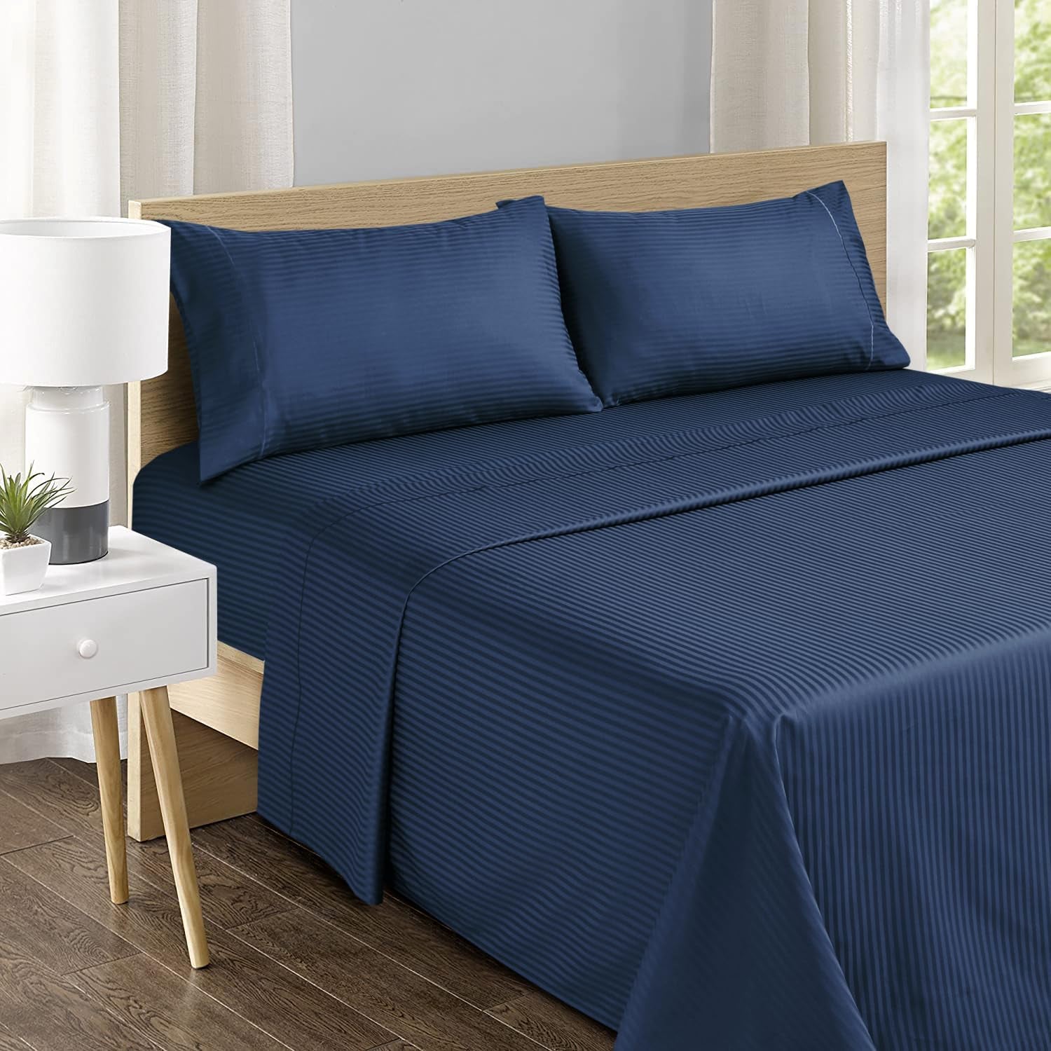 Feather & Stitch 500 Thread Count California King Size Cotton Sheets Dark Blue 4 Piece Damask Stripe Sheet Set 18 Inch Deep Pocket Sateen Weave Striped Sheets with 2 Pillowcases Luxury Bedding