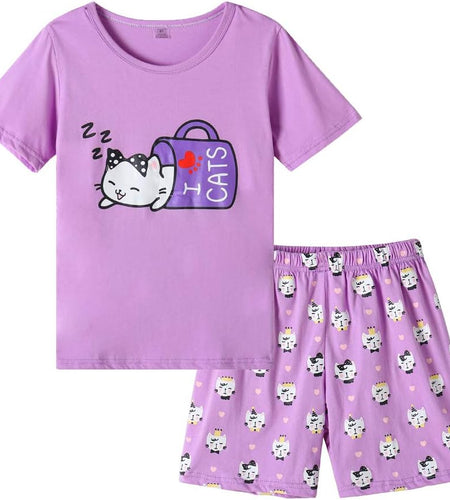 Young Girls Pajama Cute Cat Pattern Nighty Comfy Shorts Cotton Sleepwear