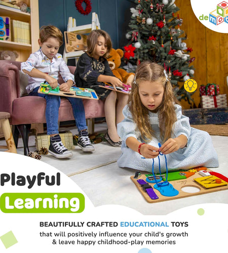 Montessori Busy Board for Toddlers, Kids Sensory Toy Wooden Activity Board with 10 Preschool Educational Activities to Develop Fine Motor Skills, Travel Toy, Boys & Girls Gift