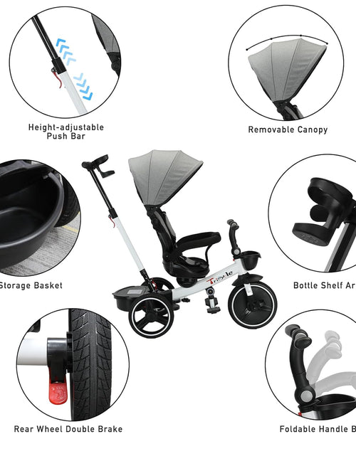 Load image into Gallery viewer, Baby Tricycle,6-In-1 Baby Push Bike Steer Stroller,Learning Toddler Bike/Detachable Guardrail,Adjustable Canopy,Safety Harness,Folding Pedal,Storage Basket,Brake,Shock Absorption
