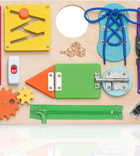 Montessori Busy Board for Toddlers, Kids Sensory Toy Wooden Activity Board with 10 Preschool Educational Activities to Develop Fine Motor Skills, Travel Toy, Boys & Girls Gift