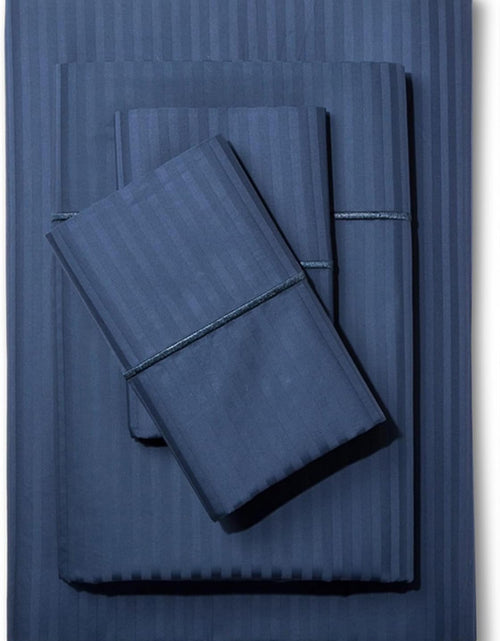 Load image into Gallery viewer, Feather &amp; Stitch 500 Thread Count California King Size Cotton Sheets Dark Blue 4 Piece Damask Stripe Sheet Set 18 Inch Deep Pocket Sateen Weave Striped Sheets with 2 Pillowcases Luxury Bedding
