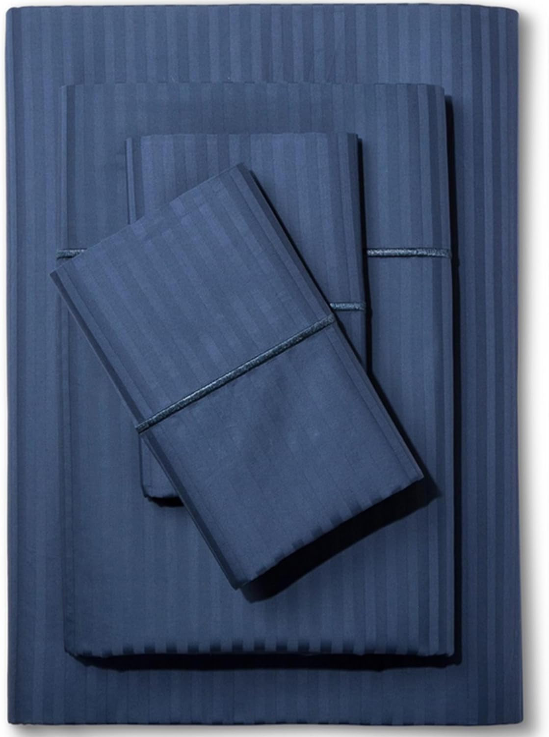 Feather & Stitch 500 Thread Count California King Size Cotton Sheets Dark Blue 4 Piece Damask Stripe Sheet Set 18 Inch Deep Pocket Sateen Weave Striped Sheets with 2 Pillowcases Luxury Bedding